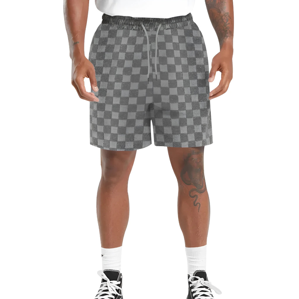 Man's loose-fit checkerboard plaid sports shorts in polyester, shown in multiple colours.