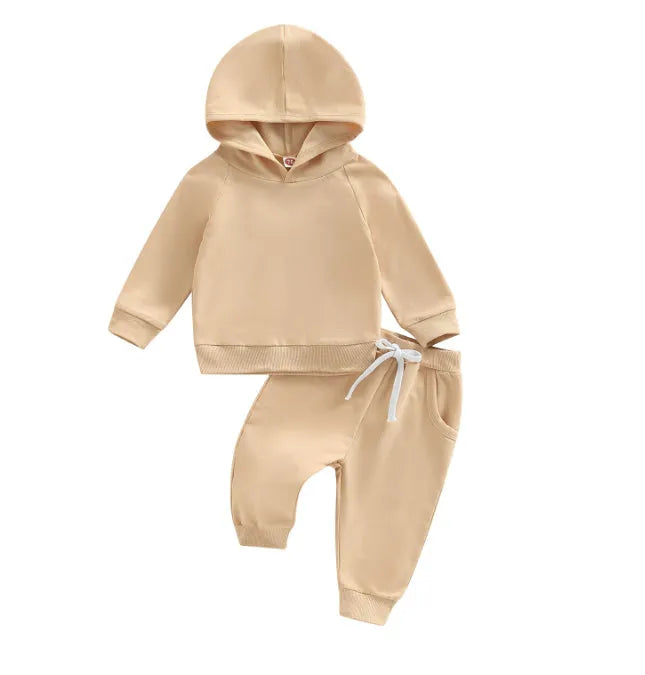 Boys solid colour hooded long sleeve sweater and trousers suit in cotton, available in apricot light brown olive green for 70-110cm height