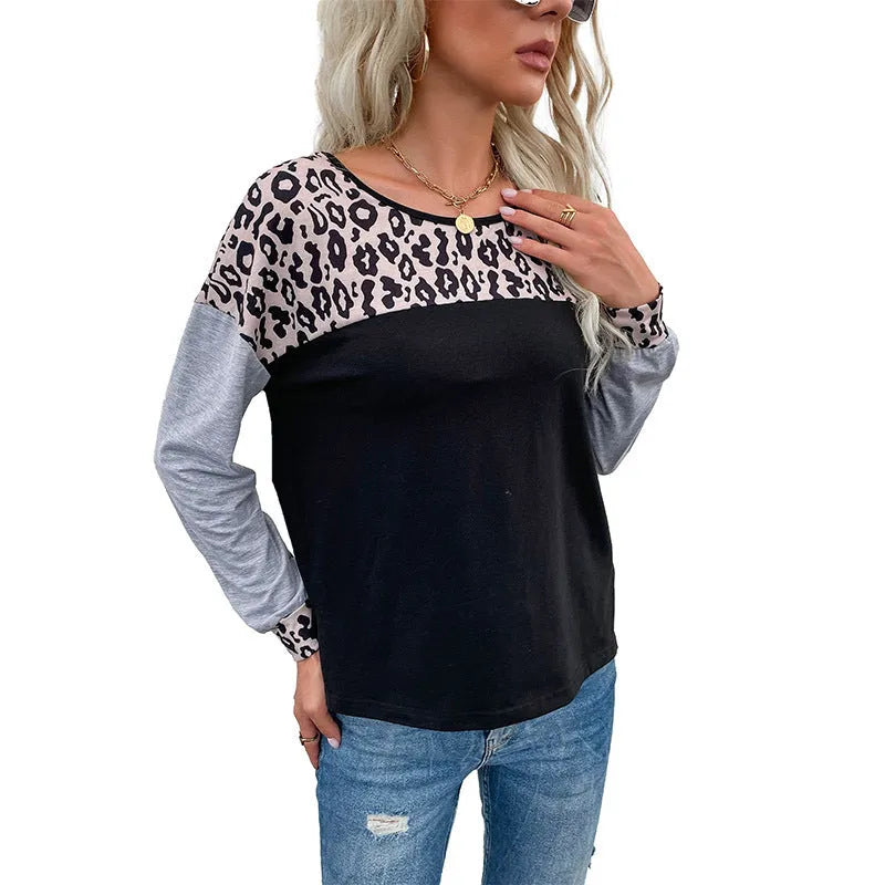 Women's black leopard print patchwork pullover sweater, loose fit, round neck, long sleeves, polyester knit