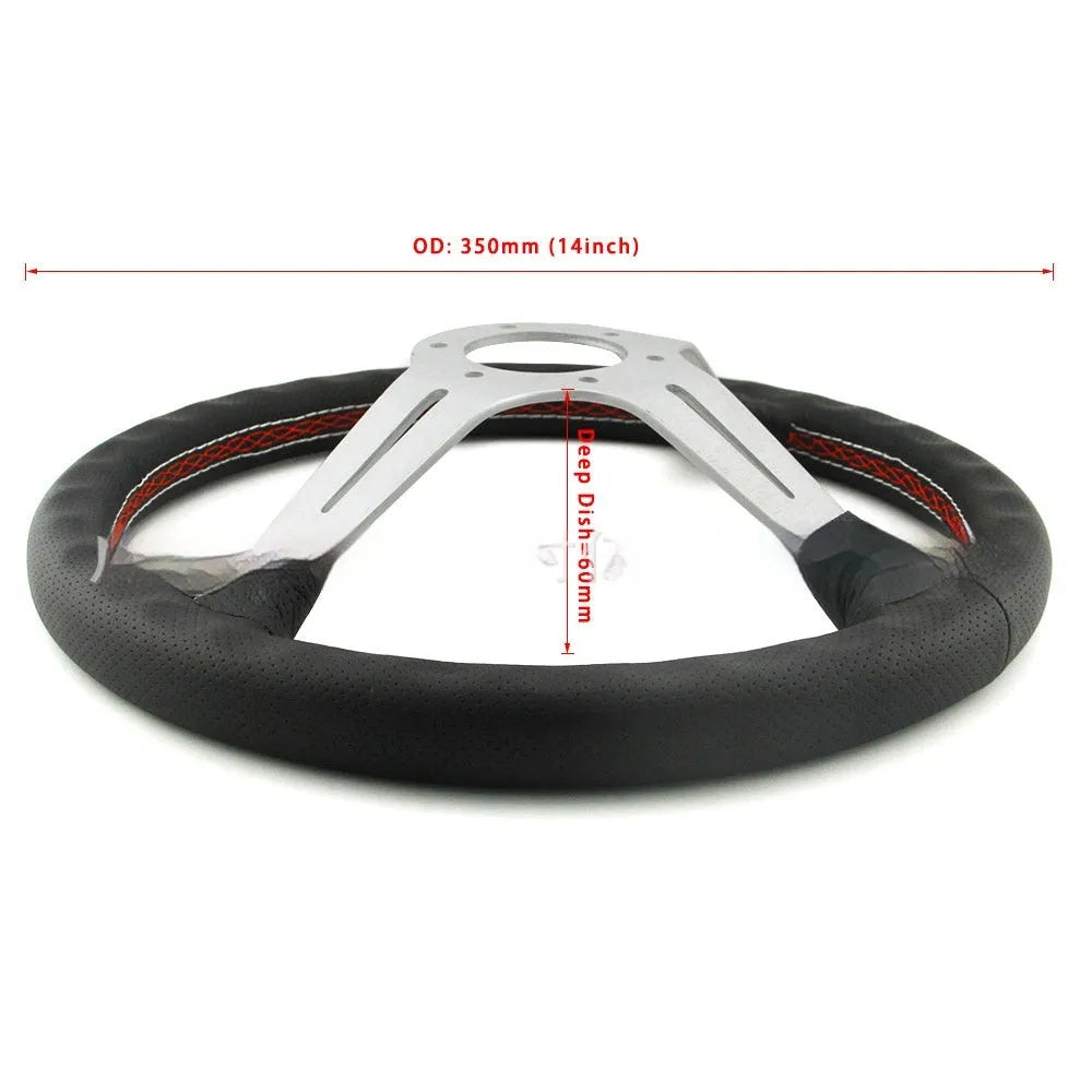 14-inch leather steering wheel with concave middle section, showing black leather and silver skeleton option.