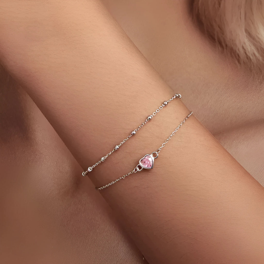 Sweet girlish 925 sterling silver bracelet with heart-shaped pendant on adjustable chain