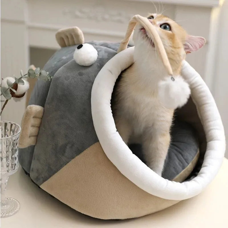 Deerskin velvet semi-closed cat house lantern fish design in grey, shown in small medium large sizes