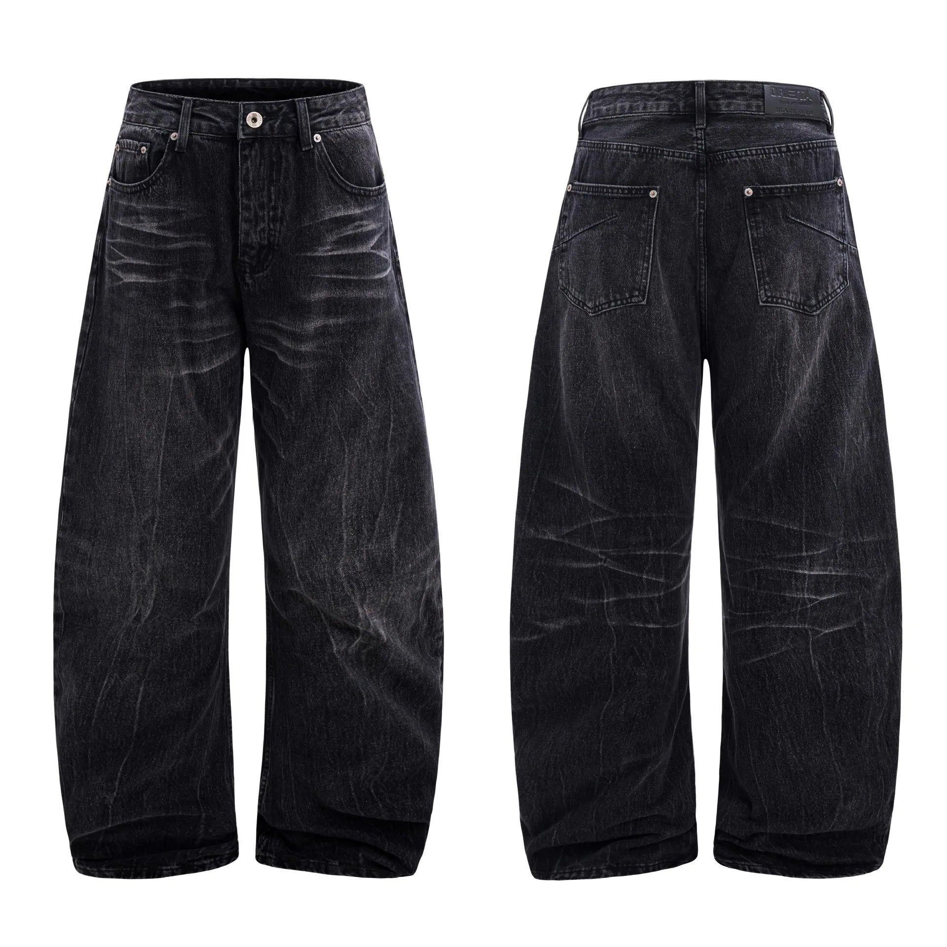 Black straight-leg jeans with lightning crack distressing pattern on knees and thighs