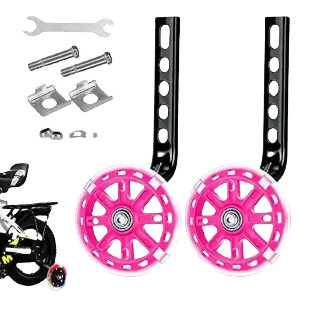 Children's bicycle training wheel set with glow feature and universal 12-20 inch bracket in assorted colours.