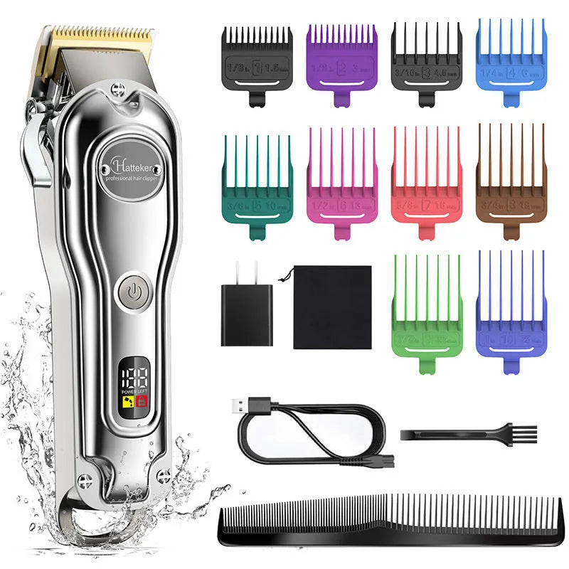 Silver electric hair clipper with LCD display, metal body, ten guide combs, cleaning brush, oil bottle, and storage bag.