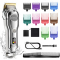 Silver electric hair clipper with LCD display, metal body, ten guide combs, cleaning brush, oil bottle, and storage bag.