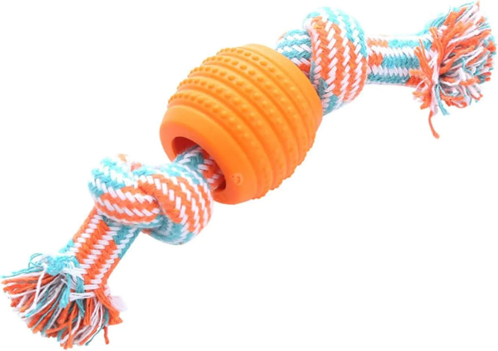 Blue soft dog chew toy with rope attachment for teeth cleaning and tug play.