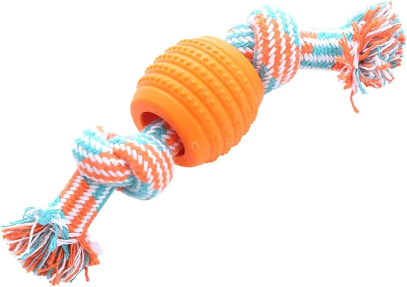 Blue soft dog chew toy with rope attachment for teeth cleaning and tug play.