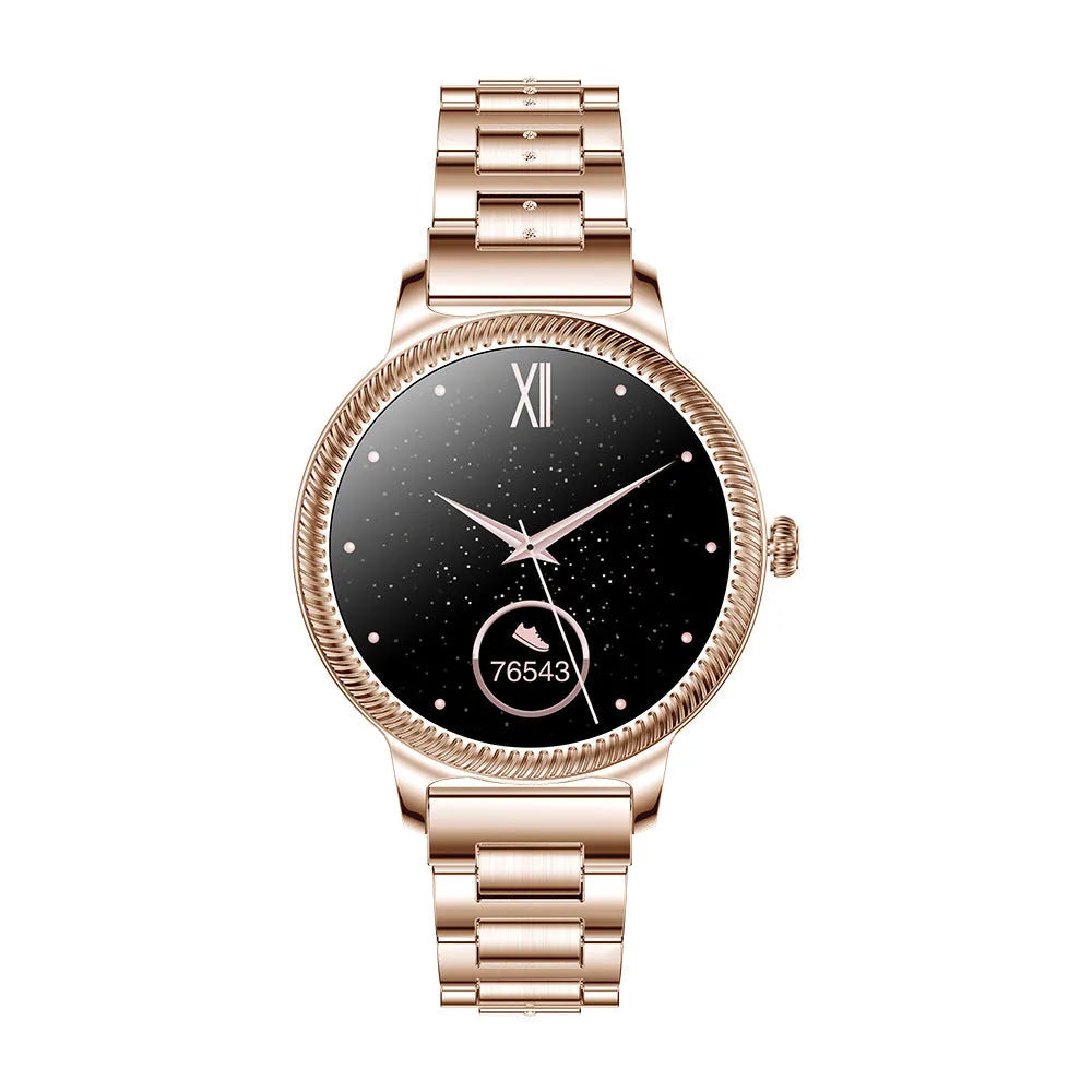 AK38 ladies smart watch with stainless steel band and 1.09-inch display in gold and silver colour options