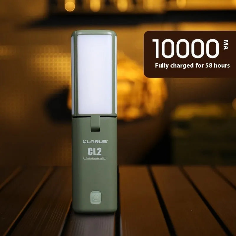 Rechargeable green and white LED campsite lamp with USB charging cable.