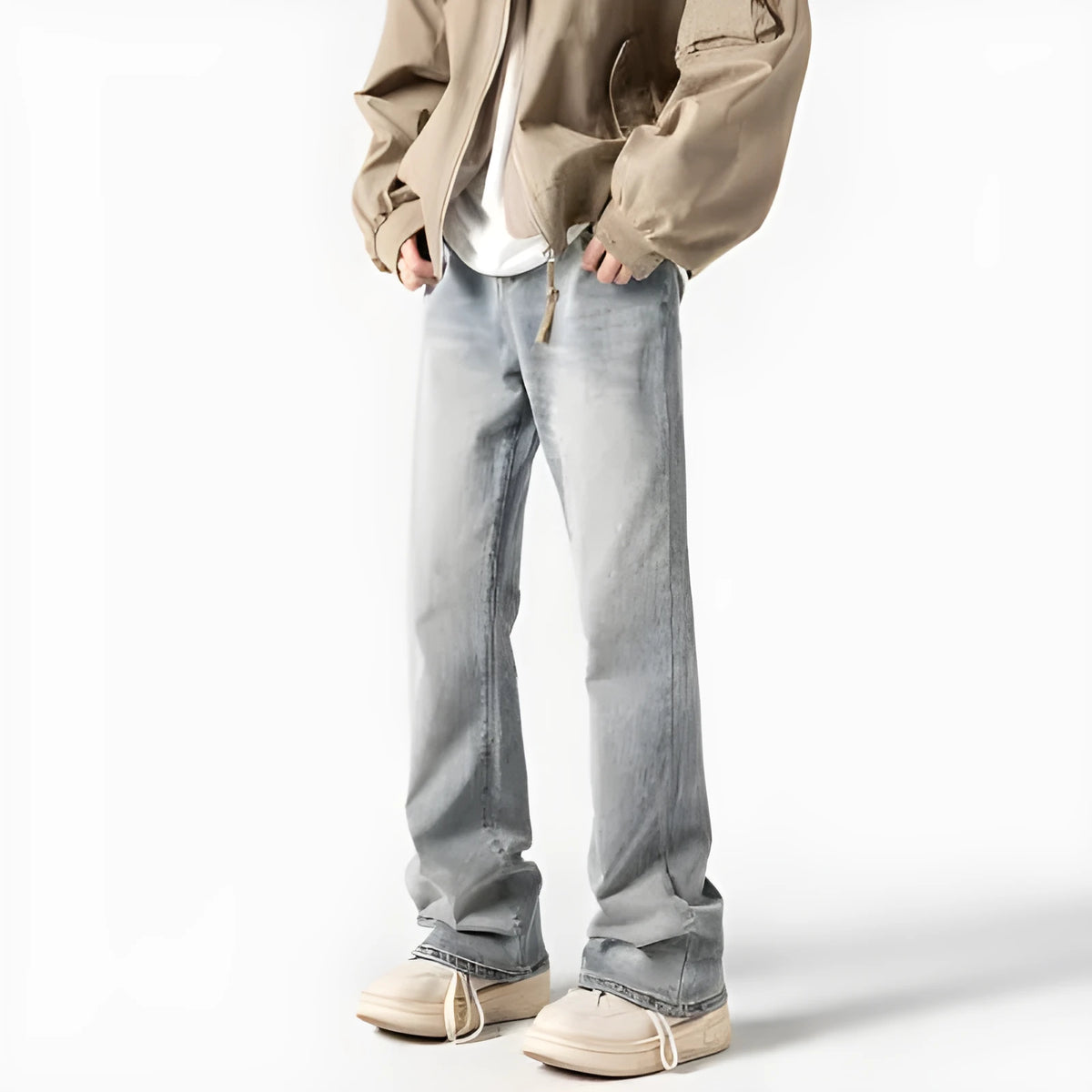 American retro black high-waist straight-leg button fly washed denim pants for teenagers