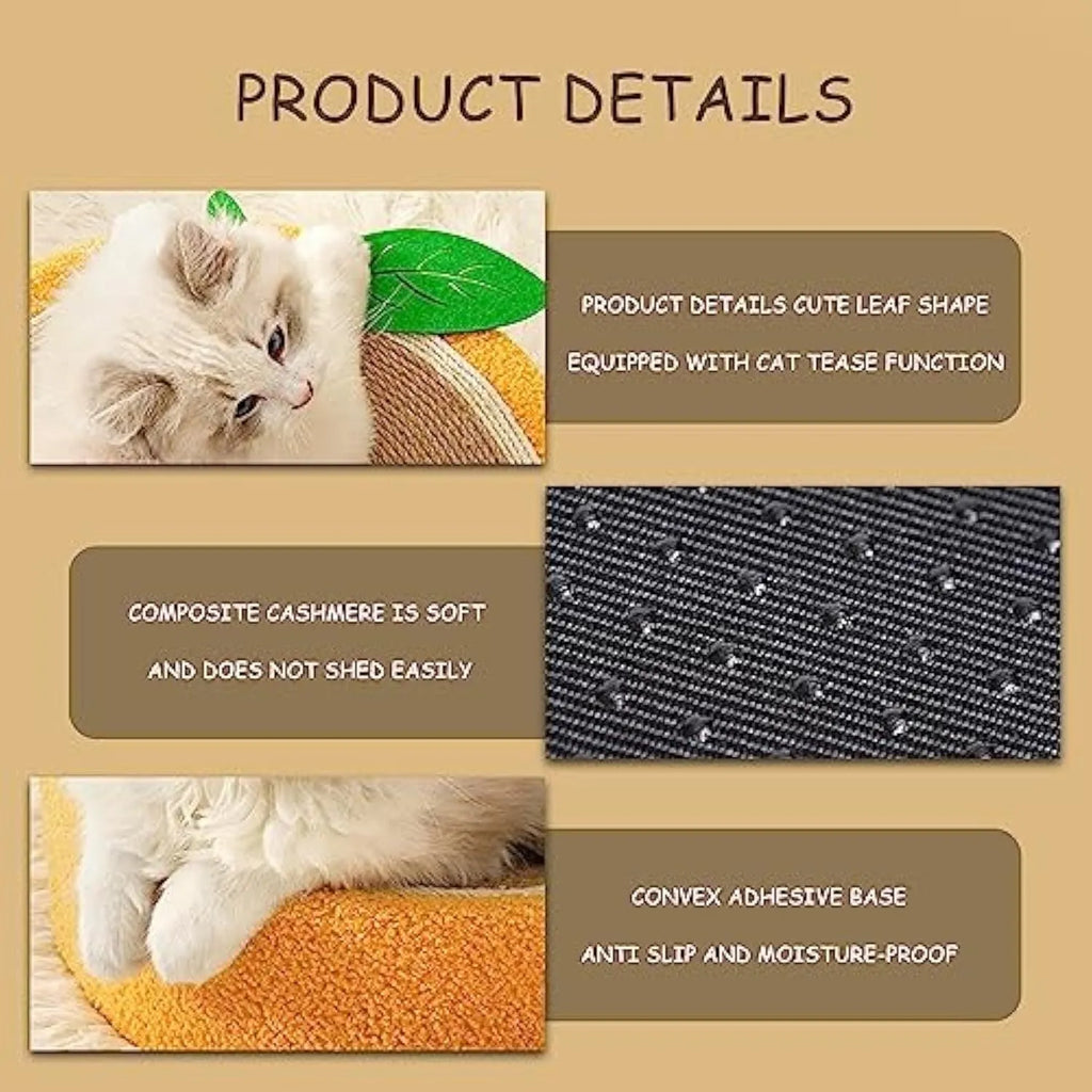 Yellow round sisal cat scratching board with fruity design, serving as both a scratching surface and a cat bed.