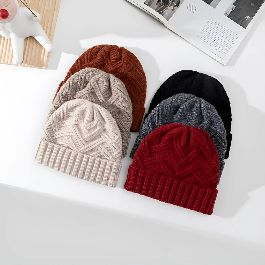 Wool knitted dome crown hat for women in one of six colours: ivory white, khaki, red, brown, grey, or black.