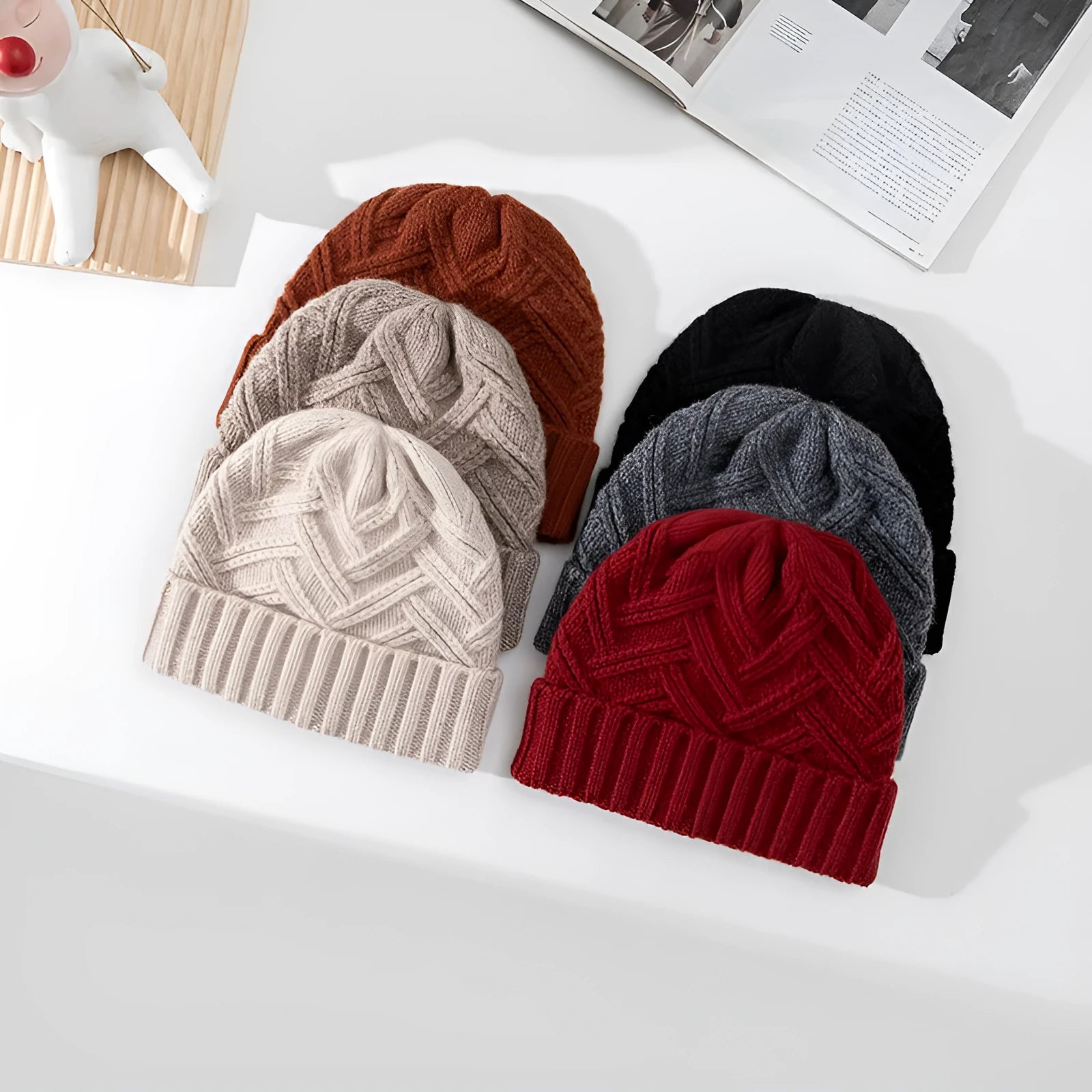 Wool knitted dome crown hat for women in one of six colours: ivory white, khaki, red, brown, grey, or black.