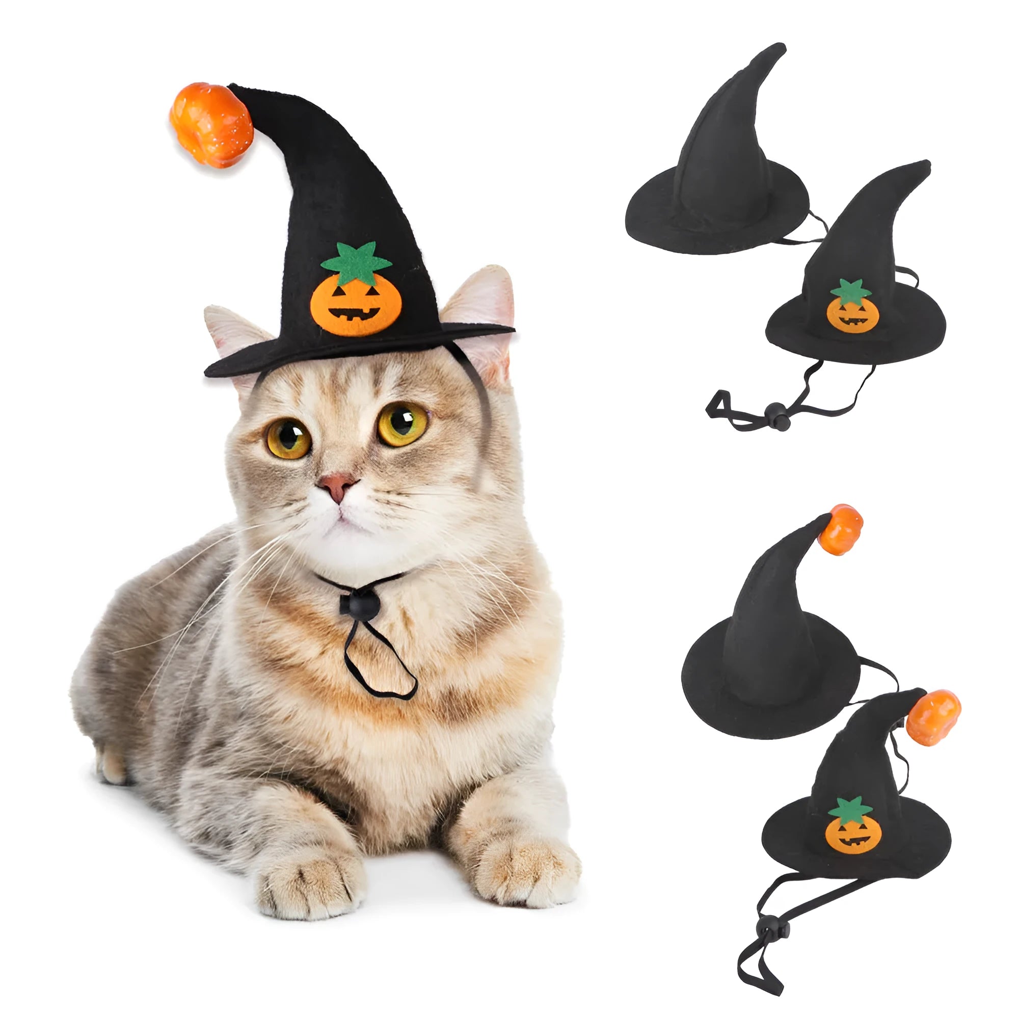 Adjustable cloth Halloween hat for pets showing embossed pumpkin design on cat