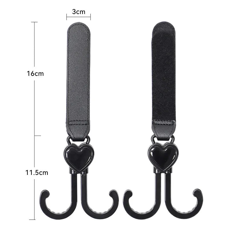 Double hook love hook for baby carriage and electric bike in black leather finish