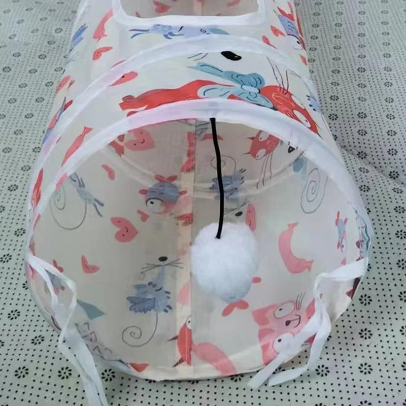 Foldable cat play tunnel in green with a small room and long tunnel section on a white background