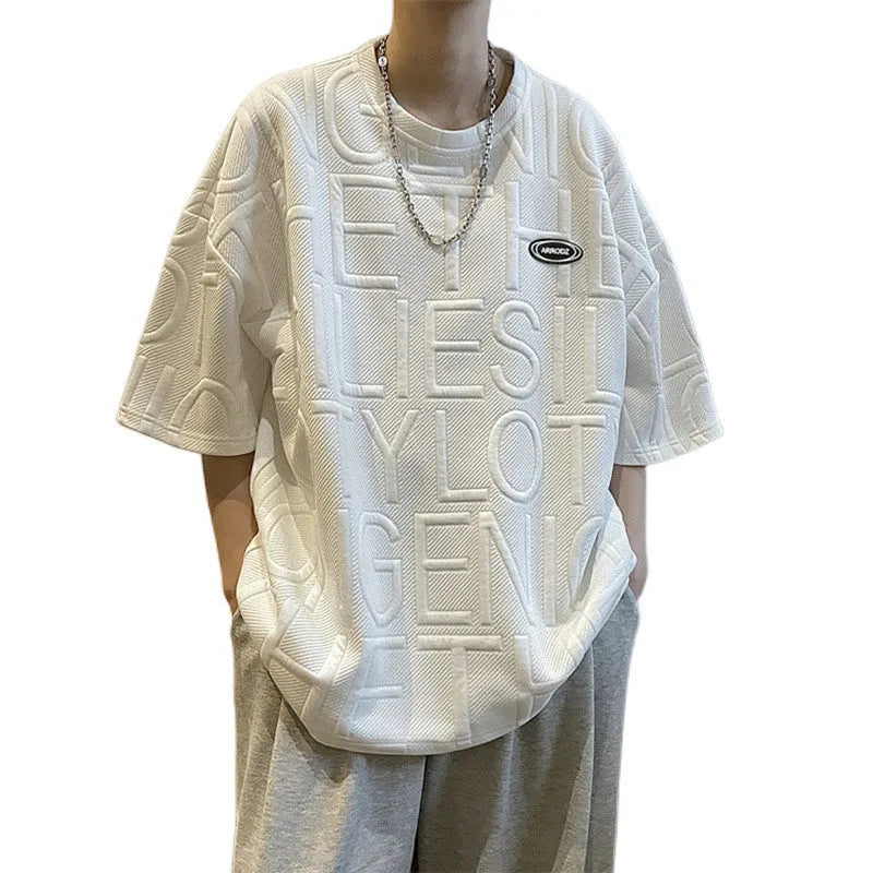 Men's grey retro letter print T-shirt with three-dimensional design and loose fit
