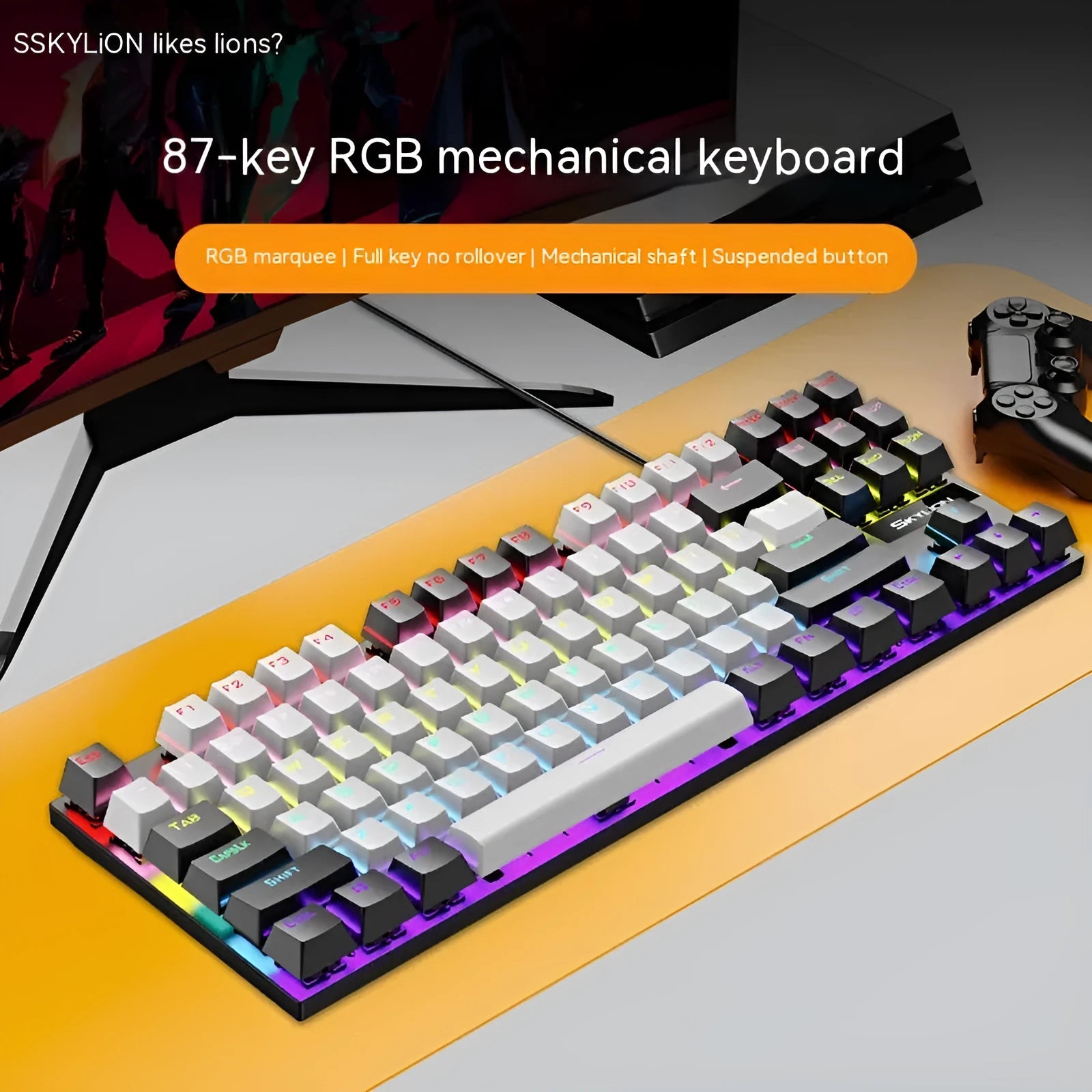 K87 mechanical wired keyboard with metal frame in selected colour, showing green or red switches and 1.4m USB cable.