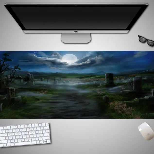 Oversized Halloween-themed gaming mouse pad with non-slip rubber base on a desktop