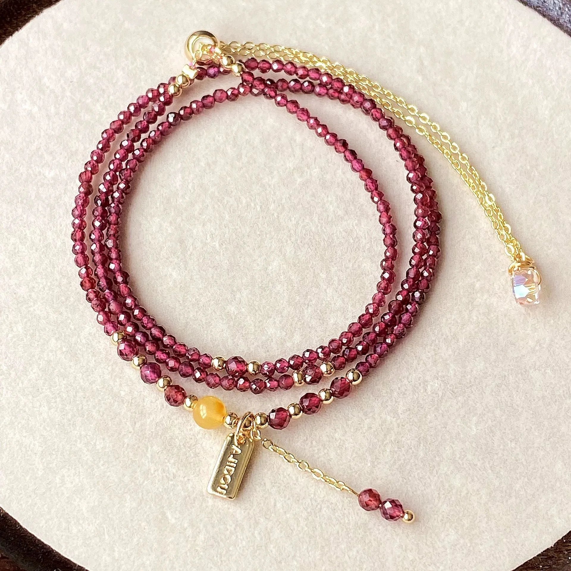 Wine red garnet three circle bracelet and necklace set with 2.5mm electroplated beads