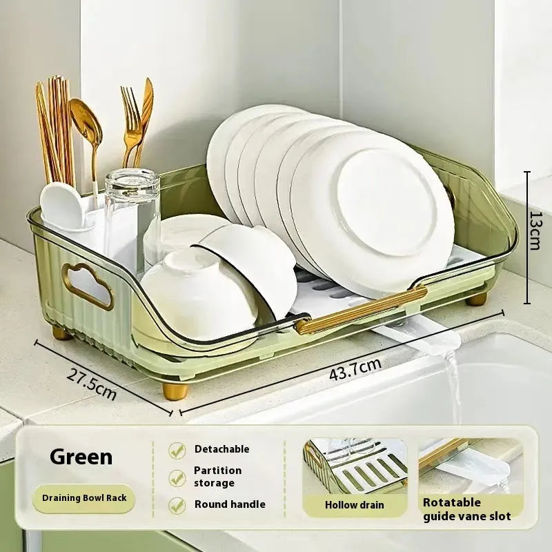 Transparent plastic countertop cutlery storage rack with draining design, Nordic style, in coffee, green, or white.