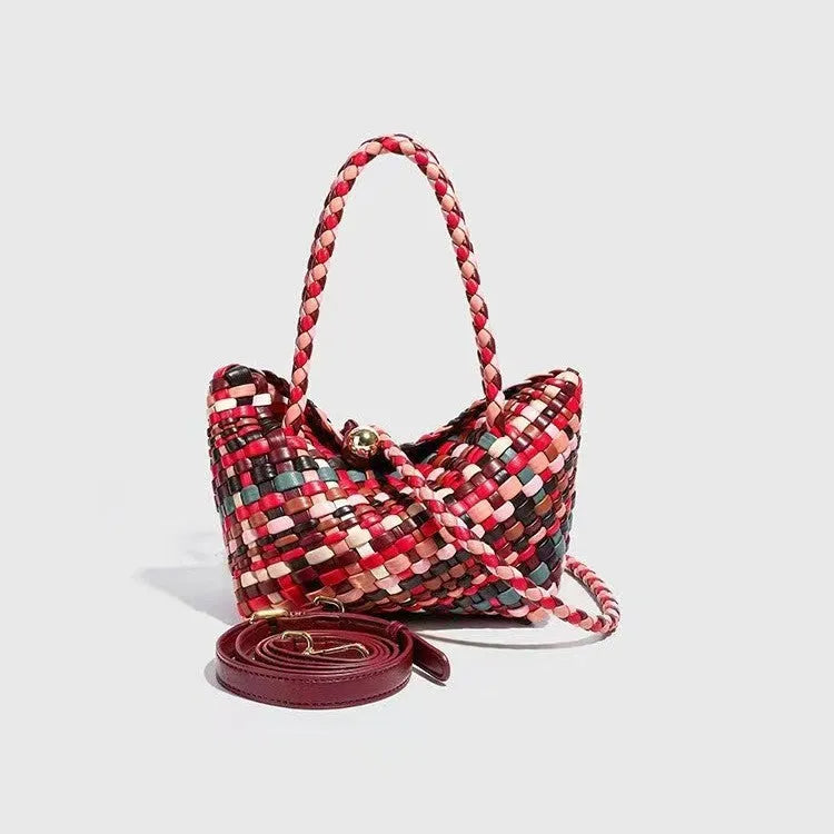 Women's colour handmade woven shoulder bag with PU construction measuring 18×11×14cm