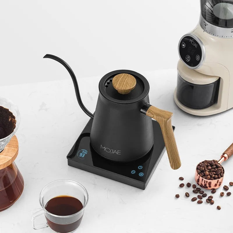 Intelligent temperature controlled hand brewed coffee pot in retro style, available in matte black or cream white, with UK electrical plug