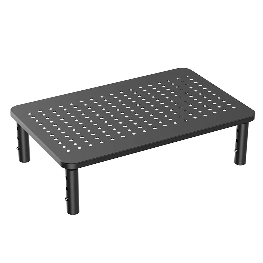 Black mesh iron display stand with three adjustable height settings for monitors and laptop cooling