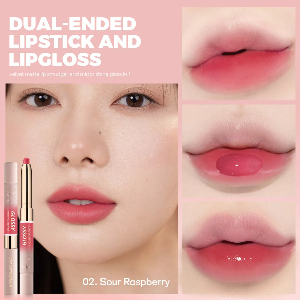 Double-headed lipstick and lip gloss in matte finish showing ten colour options 01 through 10