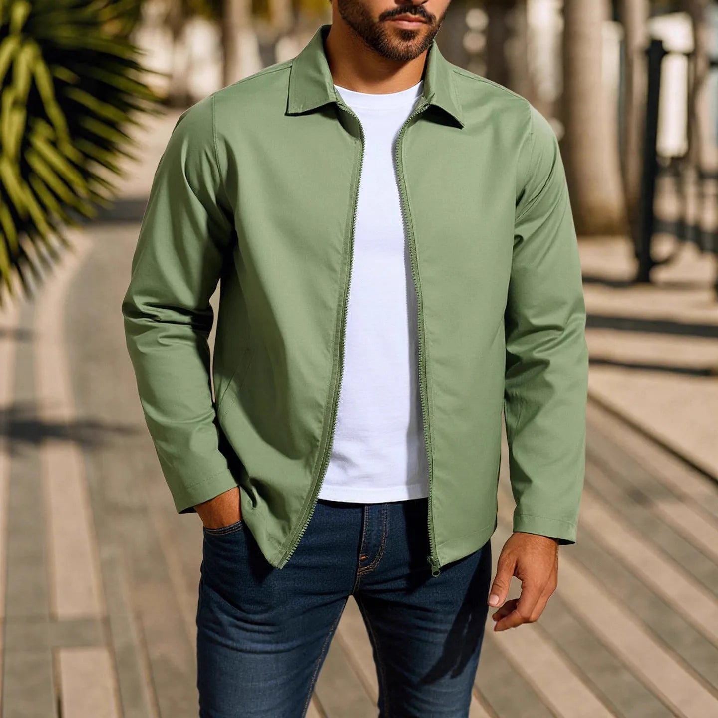 Man wearing a green zip-up cardigan jacket with raglan sleeves on a casual day out.