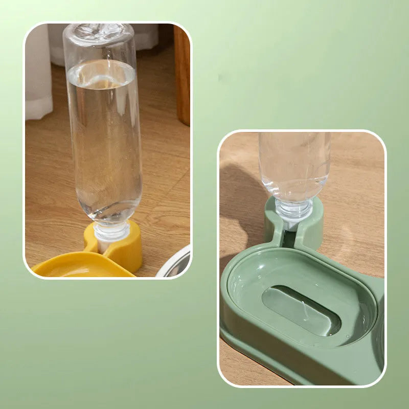 Elevated cat food bowl with automatic water dispenser in food-grade materials