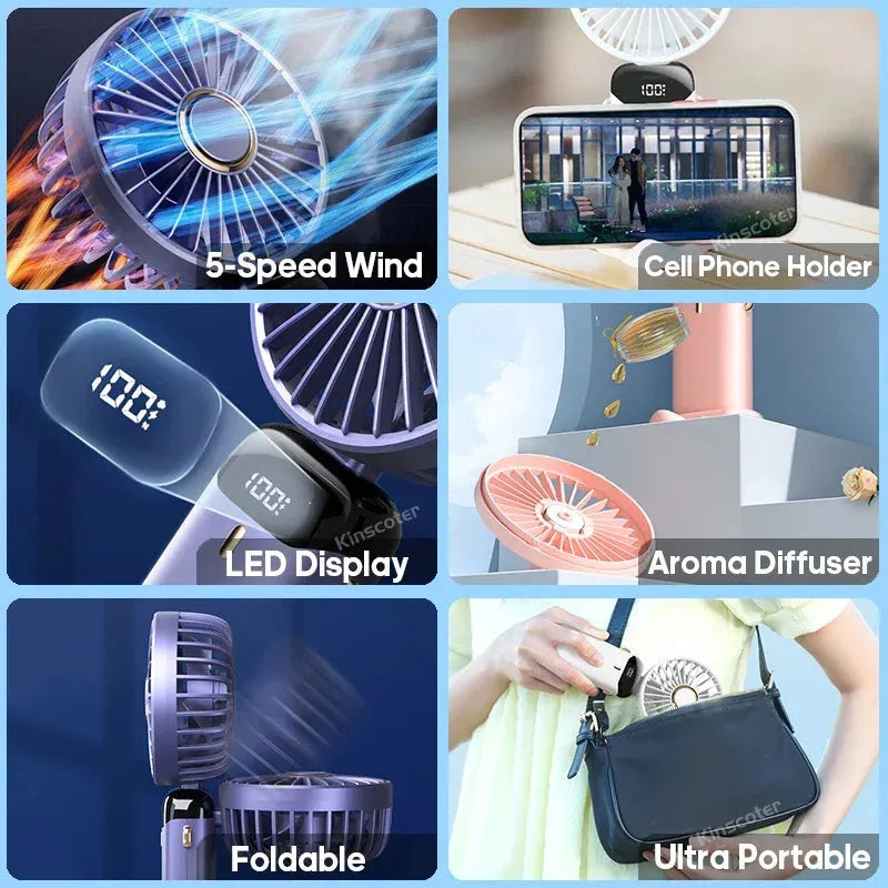 Blue portable handheld electric fan showing foldable design, LED display, and included neck lanyard