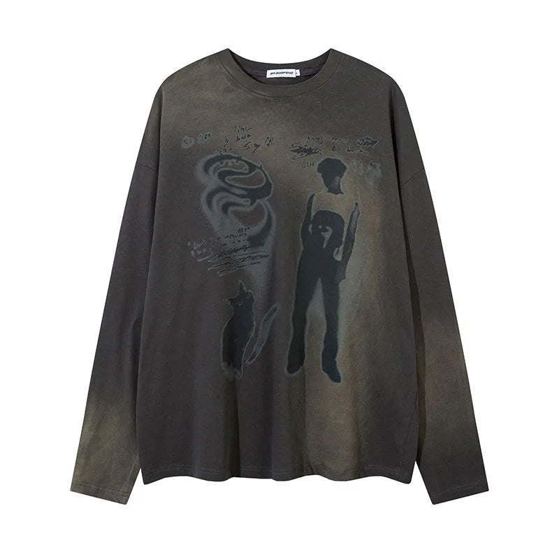 Loose cotton pullover top with letter pattern and drop-shoulder sleeves in dark grey or pink