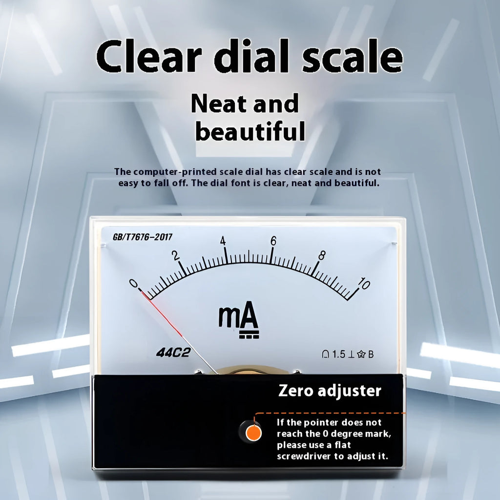 44C2 pointer DC ammeter mechanical panel meter black rectangular case with clear scale and needle