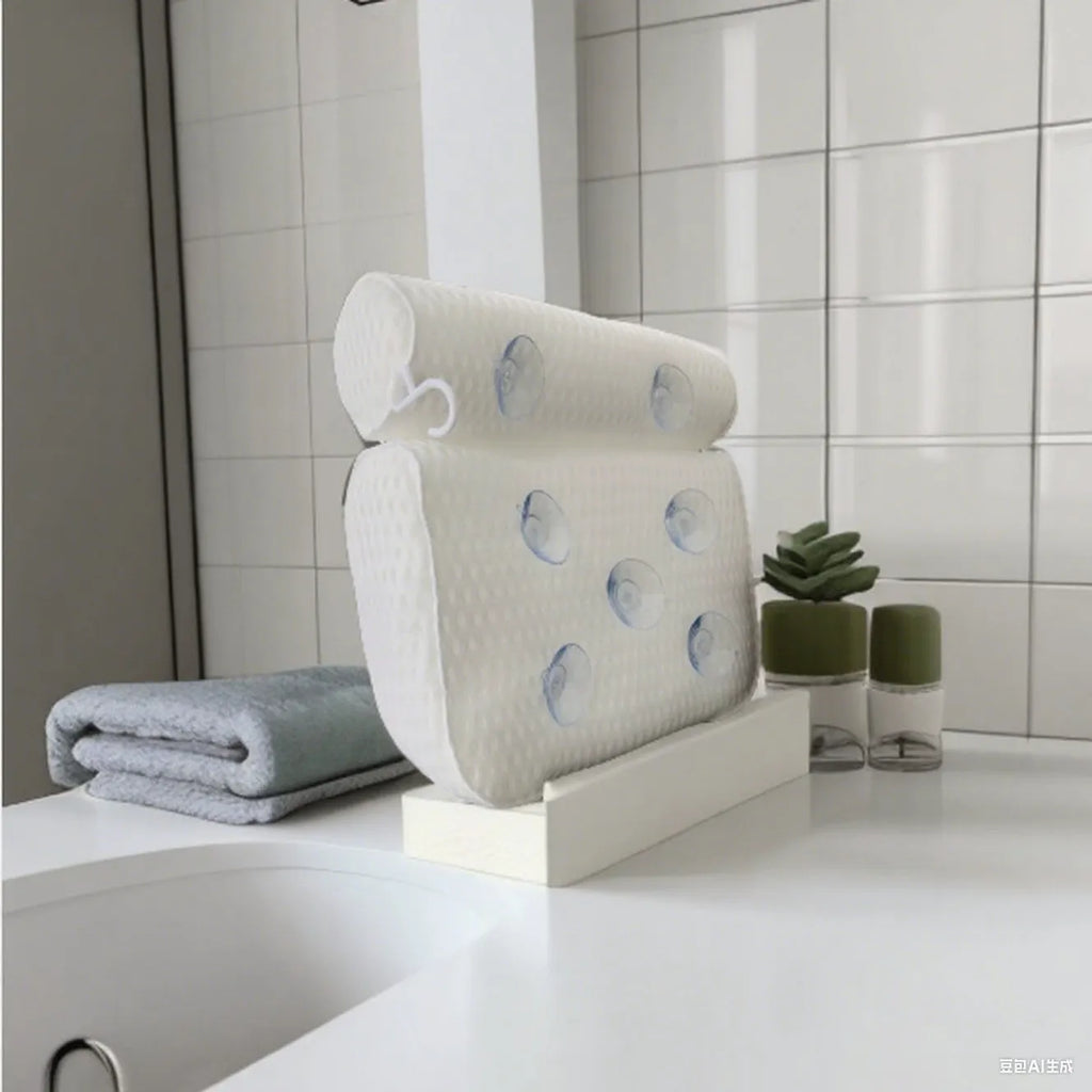 White 4D mesh bathtub pillow with 7 suction cups on a smooth bath surface.