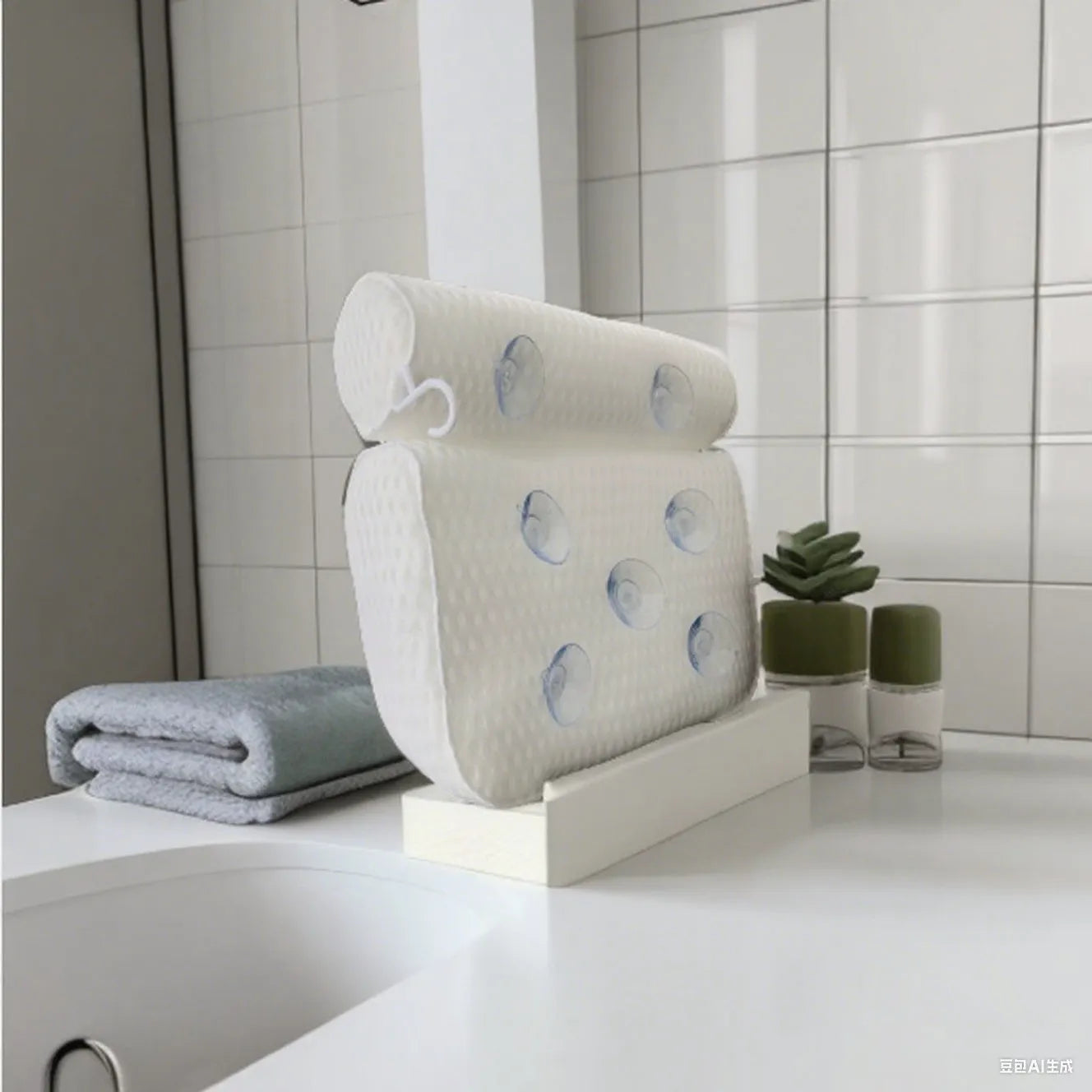 White 4D mesh bathtub pillow with 7 suction cups on a smooth bath surface.
