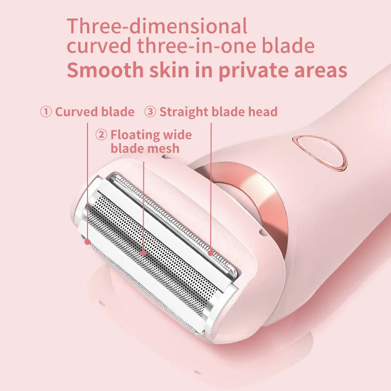 2 in 1 electric shaver for women, pink or blue, USB rechargeable, IPX7 waterproof, with square foil and round rotating heads.