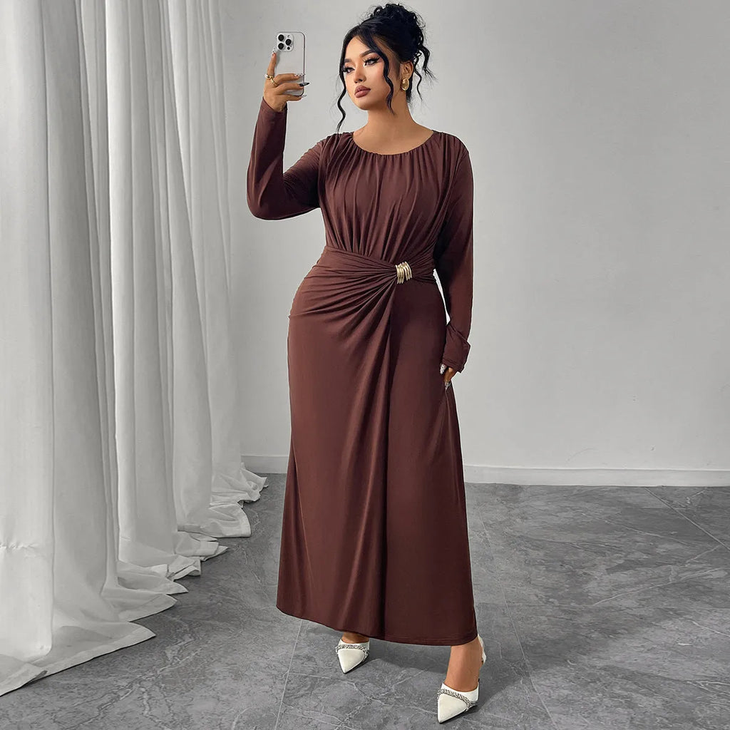 Women's printed high-waisted dress in coffee colour, made from polyester, available in sizes XL to 4XL