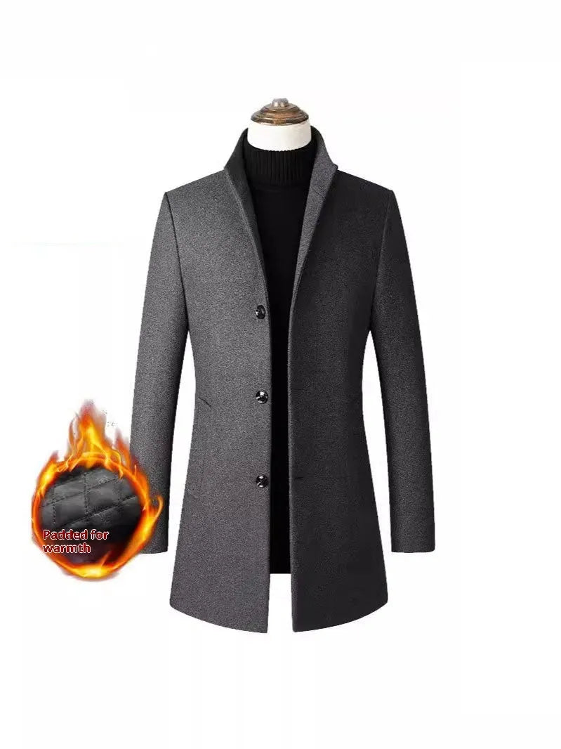 Men's single-breasted stand collar wool blend padded winter coat in solid colour, side seam pockets, S to 3XL sizes