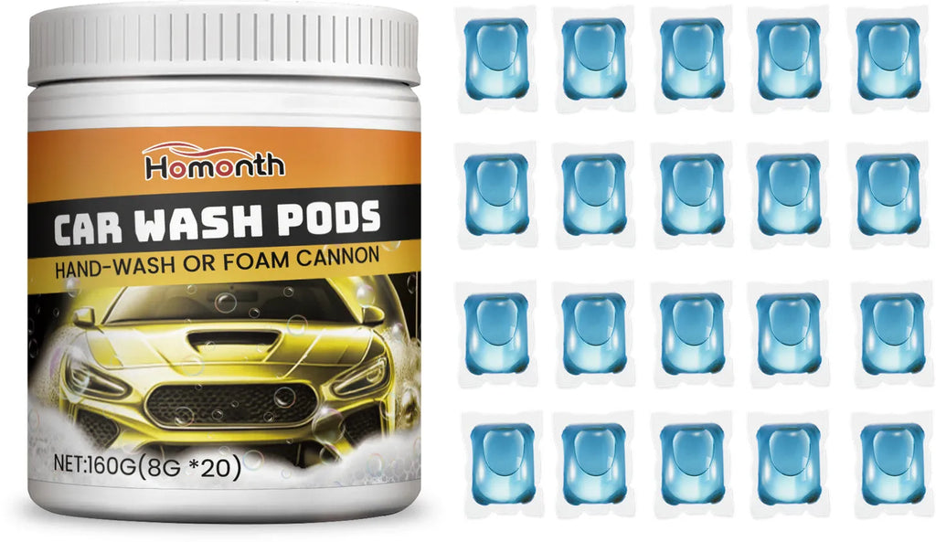 Ultra concentrated car wash beads in a 20-pack, each bead measures 3.2x4.1cm, sitting on a car bonnet