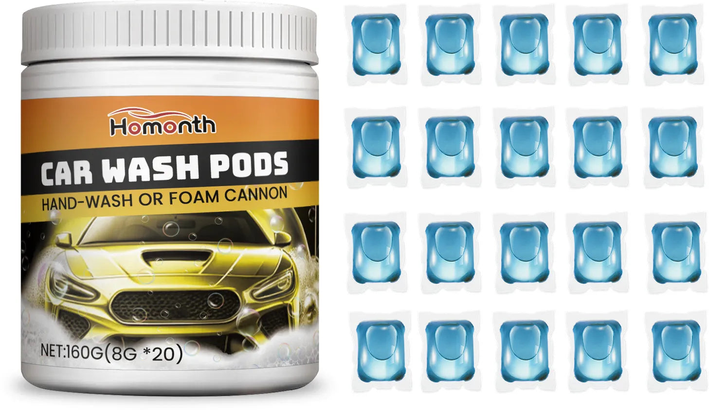 Ultra concentrated car wash beads in a 20-pack, each bead measures 3.2x4.1cm, sitting on a car bonnet