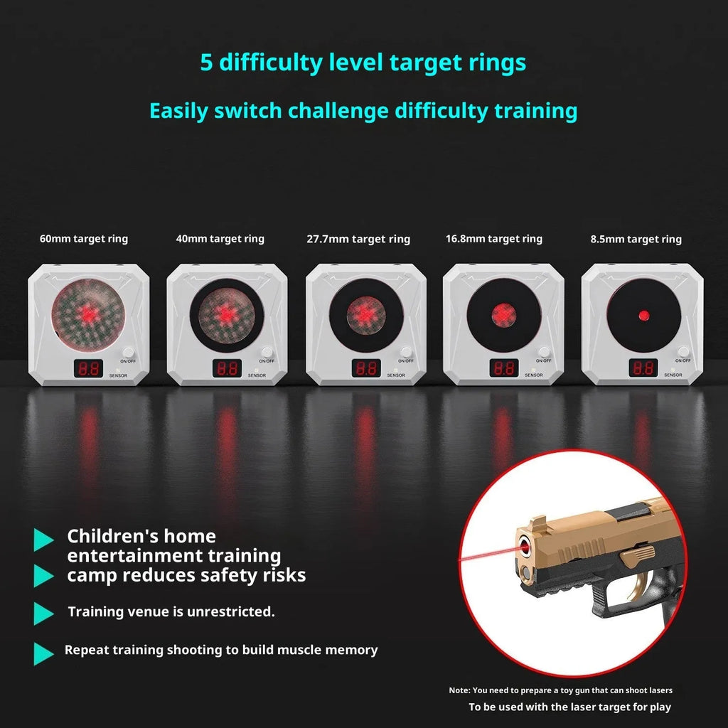 Dry fire laser target with magnetic plate and four replaceable target rings on a metal surface