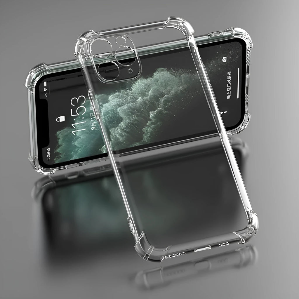 Clear shockproof TPU phone case for various iPhone models on a table.