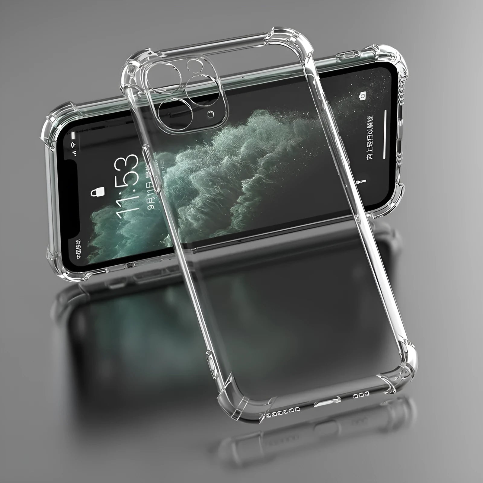 Clear shockproof TPU phone case for various iPhone models on a table.
