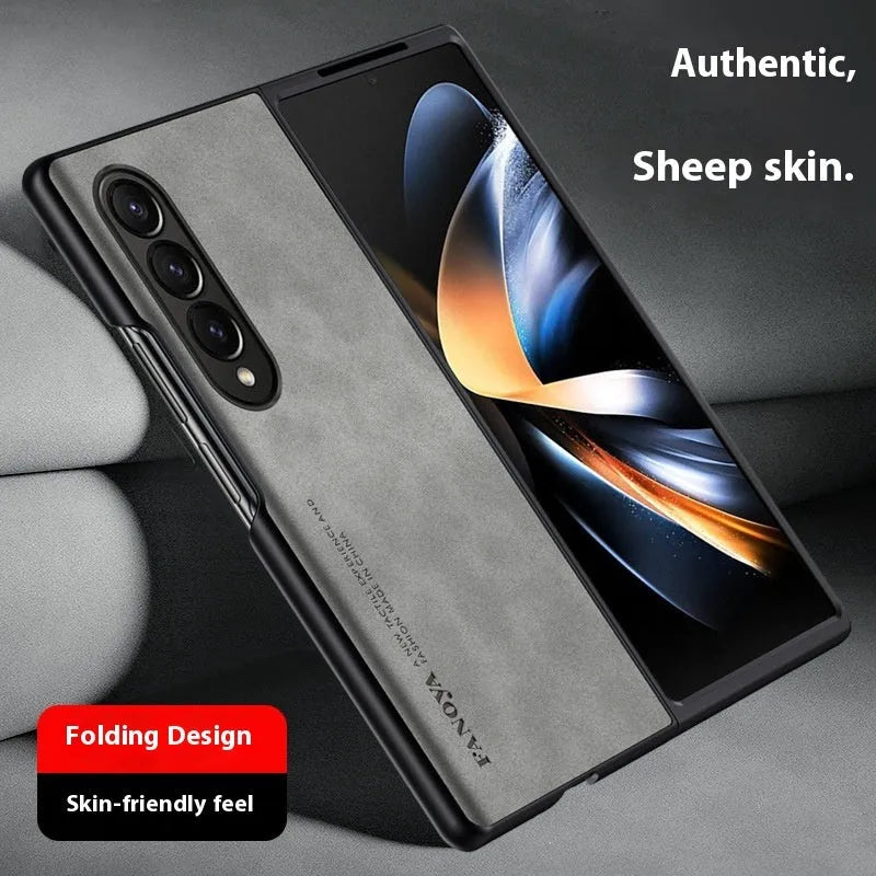 Samsung Z Flip6 flip phone case in sheepskin pattern with TPU PU construction, anti-fall protection, and anti-fingerprint finish