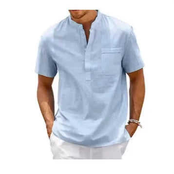 Men's solid colour short sleeve polo shirt with a stand collar, shown in a loose fit.