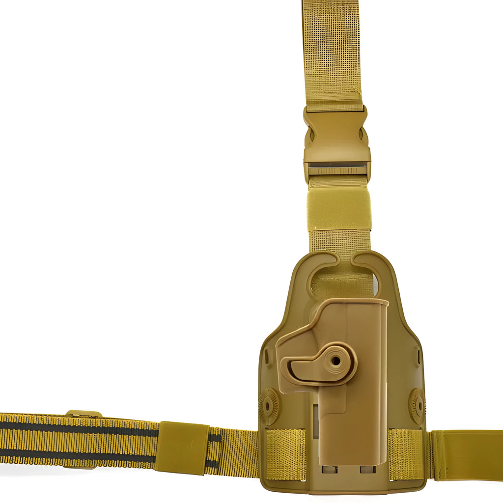 Green tactical plastic leg holster with quick-pull design shown on a model, suitable for outdoor sports.