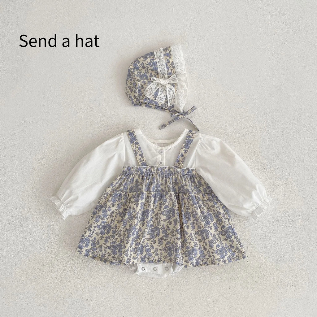 White cotton baby girl floral princess fake two triangle romper with removable hood, long sleeves, front view