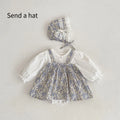 White cotton baby girl floral princess fake two triangle romper with removable hood, long sleeves, front view
